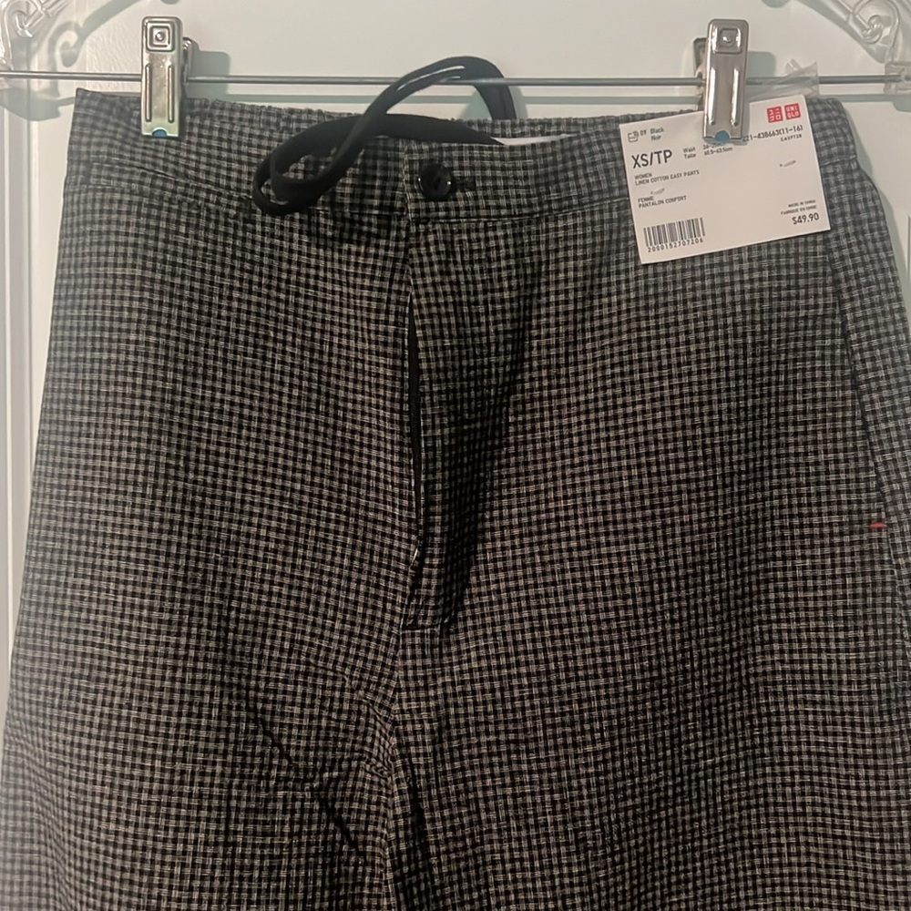 NWT Uniqlo Black Plaid Check Easy Pants Cotton Linen XS Ines De La Fressange - Picture 2 of 6
